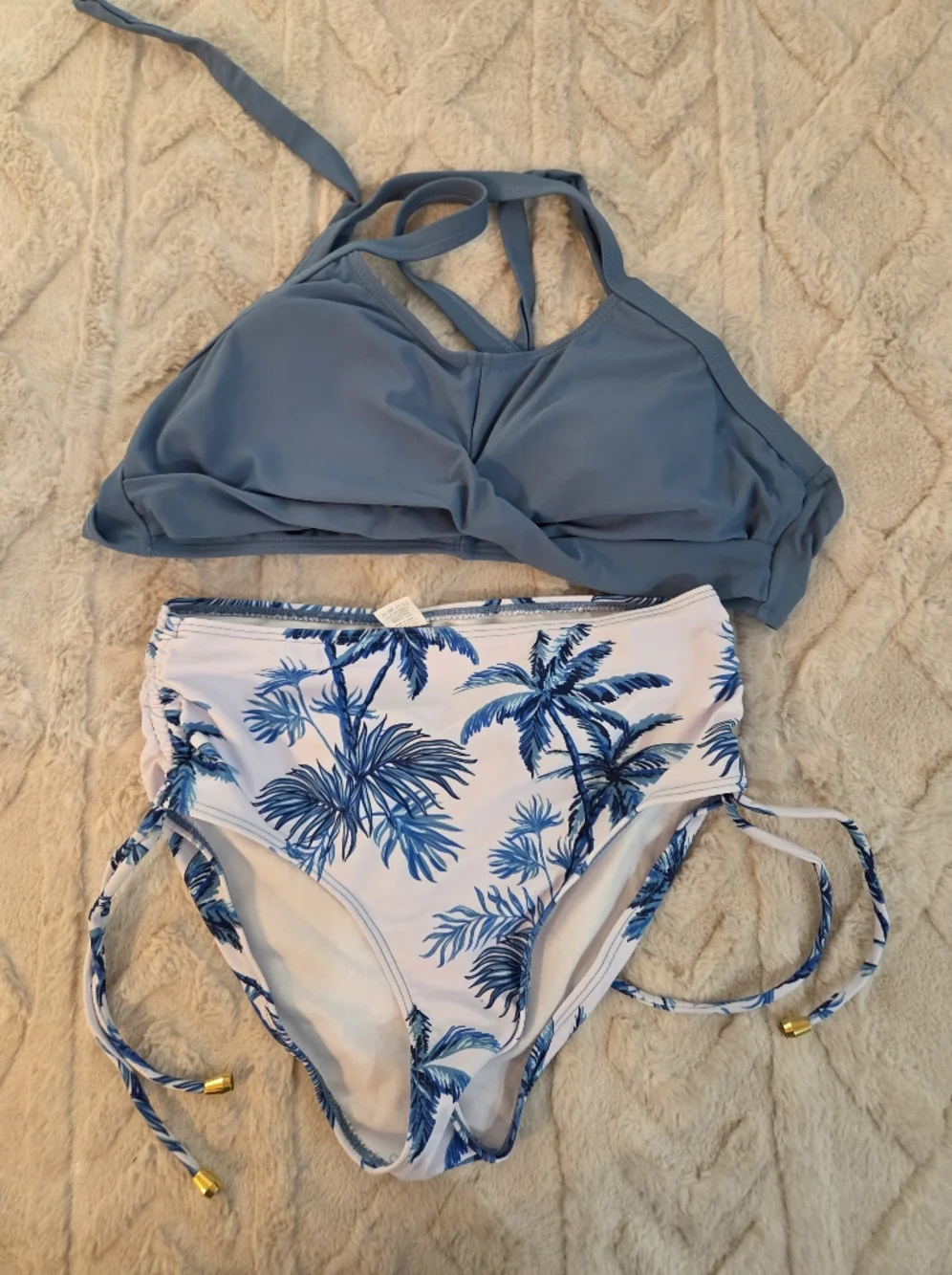 Blue‎ Twist-Front Bikini Top White Palm-Print High-Waist Bottom Girls Teen 11/12